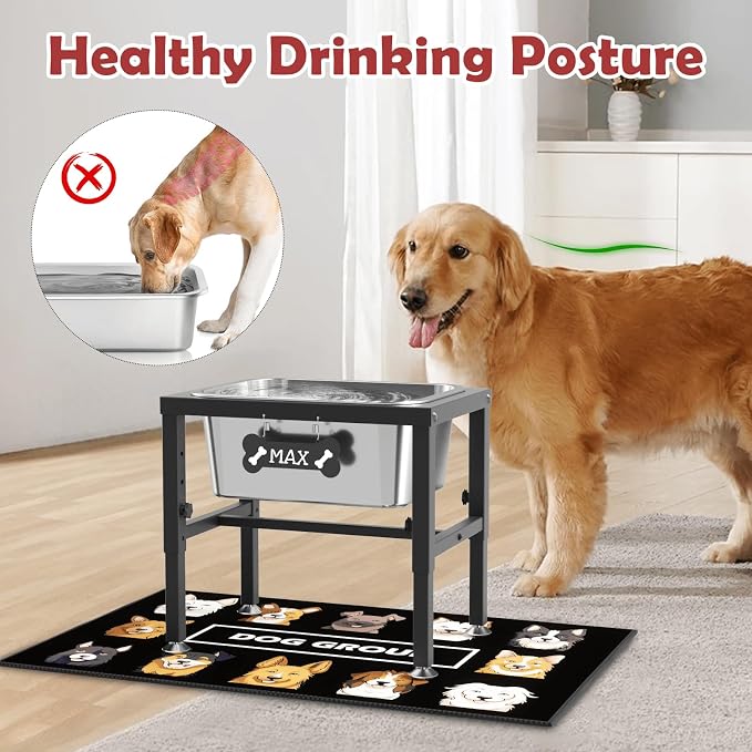 2.8 Gallon Elevated Large Dog Water Bowl, ADENGL 4-Height Adjustable (9.4–14.2'') Raised Stainless Steel Bowl, Dog Bowls Elevated with Spill-Proof Mat & Sturdy Metal Stand for Indoor/Outdoor Use