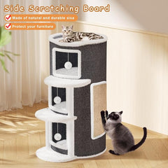 3-Storey Cat Beds for Indoor Cats House, Covered Beds & Furniture with Scratch Pad, Cat Hideaway Cave, Condo with Dangling Fluffy Balls for Multiple Kitten, Grey 15.75X15.75X35.43INCH