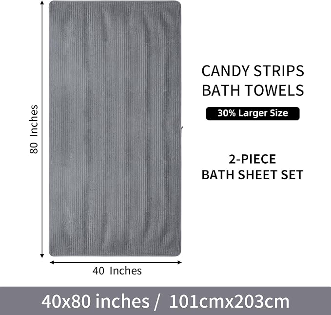2 Piece Bath Sheets, 40"x80" Microfiber Bath Towels, Grey | Extra-large size, Quick dry, Highly Absorbent, Lint Free .shower towels for bathroom gym spa .Big and Tall users