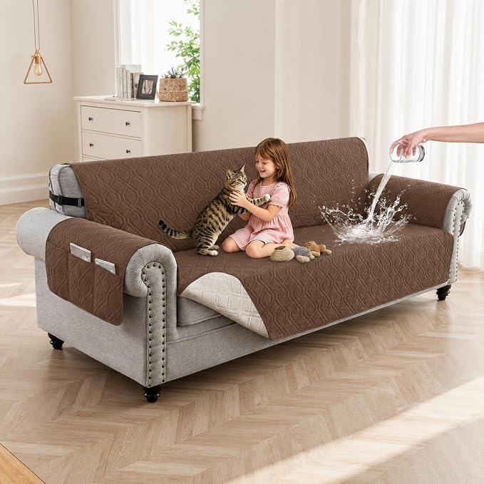 100% Waterproof Quilted Couch Cover,Straps&Pockets,78" Darkbrown | Washable sofa cover, pet-friendly, scratch-resistant furniture protector, quilted sofa cover, reversible, non-slip backing.