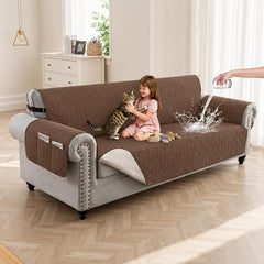 100% Waterproof Quilted Couch Cover,Straps&Pockets,78" Darkbrown | Washable sofa cover, pet-friendly, scratch-resistant furniture protector, quilted sofa cover, reversible, non-slip backing.