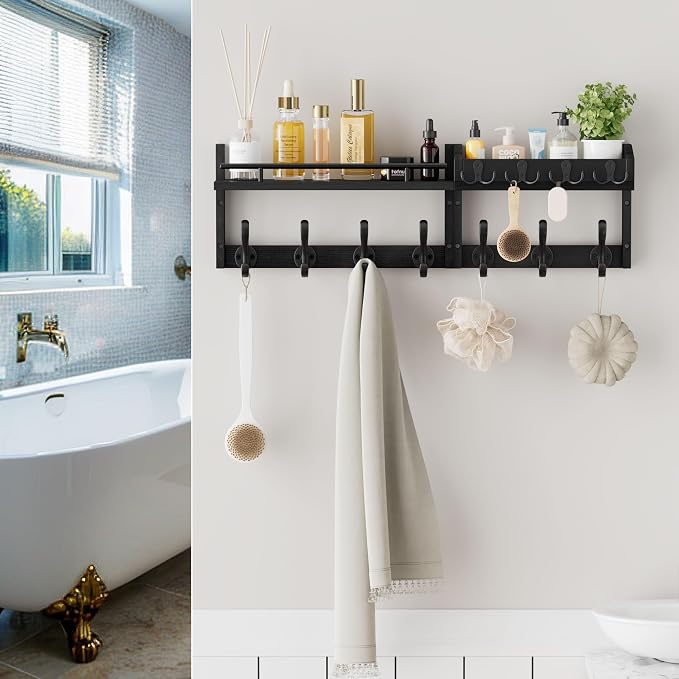 29 inch Coat Rack Wall Mount with Shelf, Heavy Duty Coat Hooks Wall Mount, Entryway Coat Hanger Wall Shelf with Key Holders and Mail Organizer for Living Room, Bedroom, Bathroom, Black
