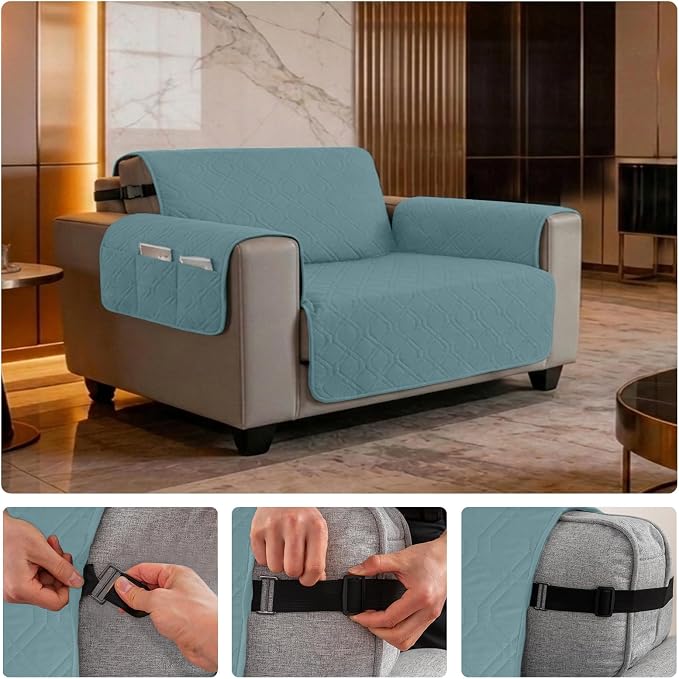 100% Waterproof Quilted Couch Cover,Straps&Pockets,46" Grayishblue | Washable sofa cover, pet-friendly, scratch-resistant furniture protector, quilted sofa cover, reversible, non-slip backing.