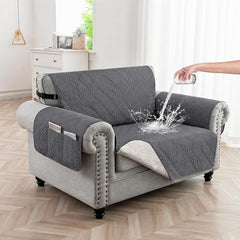 100% Waterproof Couch Cover,Straps&Pockets,pet Friendly,23" Gray | Washable sofa cover, pet-friendly, scratch-resistant furniture protector, quilted sofa cover, reversible, non-slip backing.