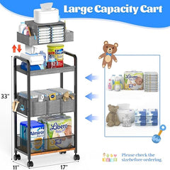 2In1 Baby Diaper Caddy & 3-Tier Rolling Diaper Cart, Caddy Organizer Cart with Dividers, Mobile Metal Bedside Carts for Baby Essentials, Rolling Carts for Newborn Nursery with Wheels, Large Capacity