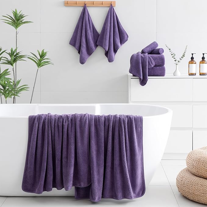 18 Piece Microfiber Bath Towels Set - 6 Bath Sheets,6 Hand Towels And 6 Washcloths,Soft Family Towels,Highly Absorbent Bathroom Towel,Quick Dry Shower Towel Luxury Towels For Hotel Spa Dorm-Purple