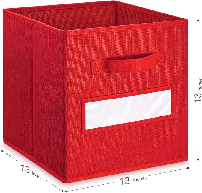 13x13x13 storage cube bins(Set of 10) Fabric storage cubes with 10 Labels Window Cards & a Pen, storage cubes 13x13, Collapsible 13 inch cube storage bins, Cubby Organizer Boxes, Red