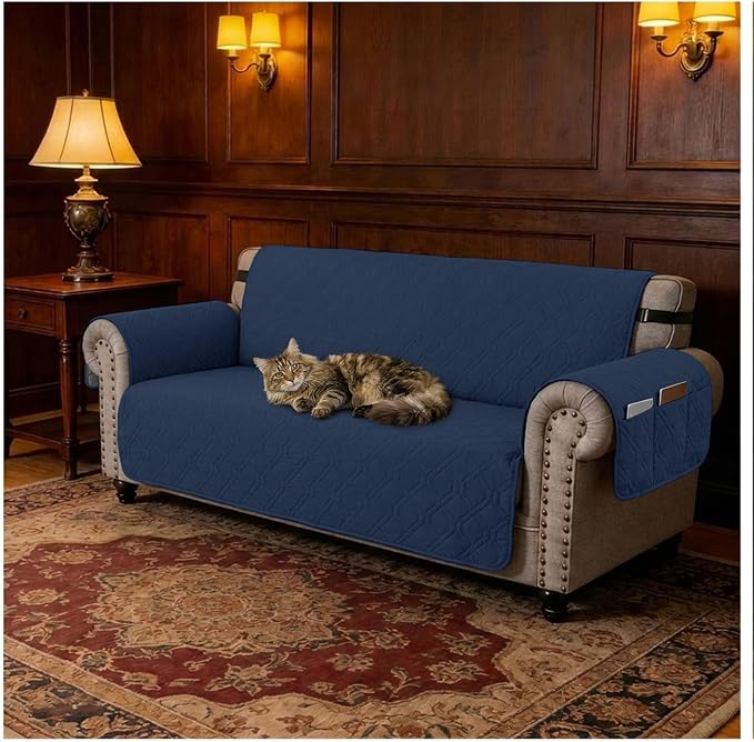100% Waterproof Quilted Couch Cover,Straps&Pockets,78" Navyblue | Washable sofa cover, pet-friendly, scratch-resistant furniture protector, quilted sofa cover, reversible, non-slip backing.