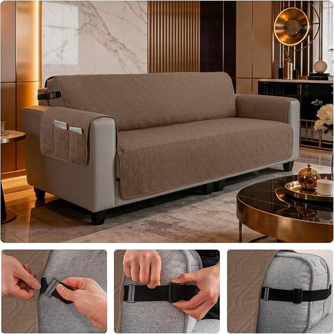 100% Waterproof Quilted Couch Cover,Straps&Pockets,78" Darkbrown | Washable sofa cover, pet-friendly, scratch-resistant furniture protector, quilted sofa cover, reversible, non-slip backing.