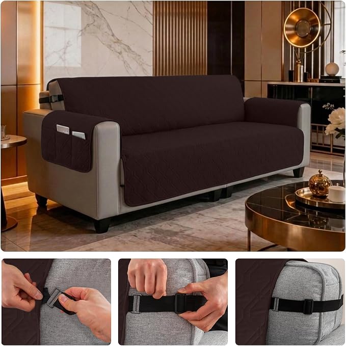 100% Waterproof Quilted Couch Cover,Straps&Pockets,78" Chocolate | Washable sofa cover, pet-friendly, scratch-resistant furniture protector, quilted sofa cover, reversible, non-slip backing.