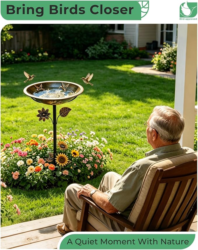 13" Metal Bird Bath for Outside – Hummingbird Embossed Garden Birdbath Bowl with Stake | Adjustable Height Outdoor Bird Bath, Removable Bowl, Rust Resistant Yard Lawn Decor