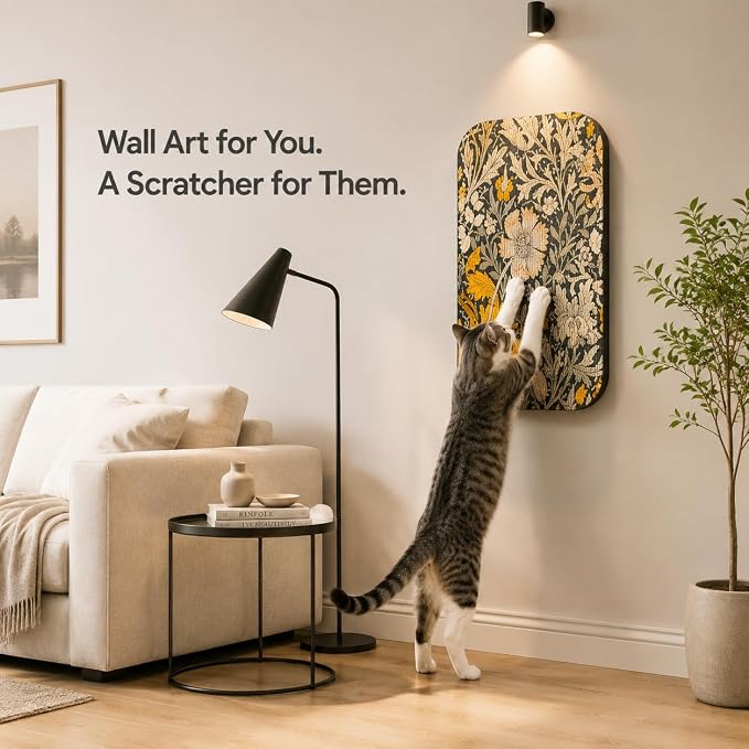 2 Pack Cat Wall Scratcher, Art Cat Scratching Board for Cats | Wall Mounted Cat Scratch Pad, Water-Based Ink, Hook&Loop Strips, Floor or Wall Use, 16.7x11x1 Inch, William Flower