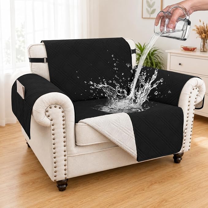 100% Waterproof Couch Cover for Dogs, Anti-Slip Washable Sofa Cover with Elastic Straps & Side Pockets, Durable Furniture Protector for Kids, Pets & Dogs (Armchair 23", Black)