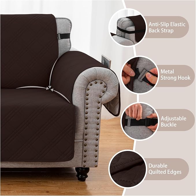 100% Waterproof Couch Cover for Dogs, Anti-Slip Washable Sofa Cover with Elastic Straps & Side Pockets, Durable Furniture Protector for Kids, Pets & Dogs (Armchair 23", Chocolate)