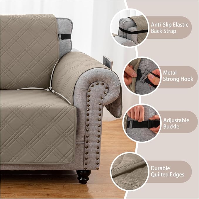 100% Waterproof Couch Cover for Dogs, Washable Anti-Slip Sofa Cover with Elastic Straps & Side Pockets, Quilted Furniture Protector for Kids & Pets (3 Cushion 68", Camel)
