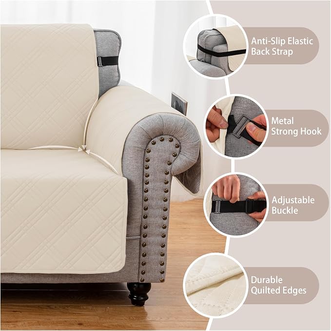 100% Waterproof Couch Cover for Dogs, Washable Anti-Slip Sofa Cover with Elastic Straps & Side Pockets, Quilted Furniture Protector for Kids & Pets (Oversize Sofa 78", Beige)