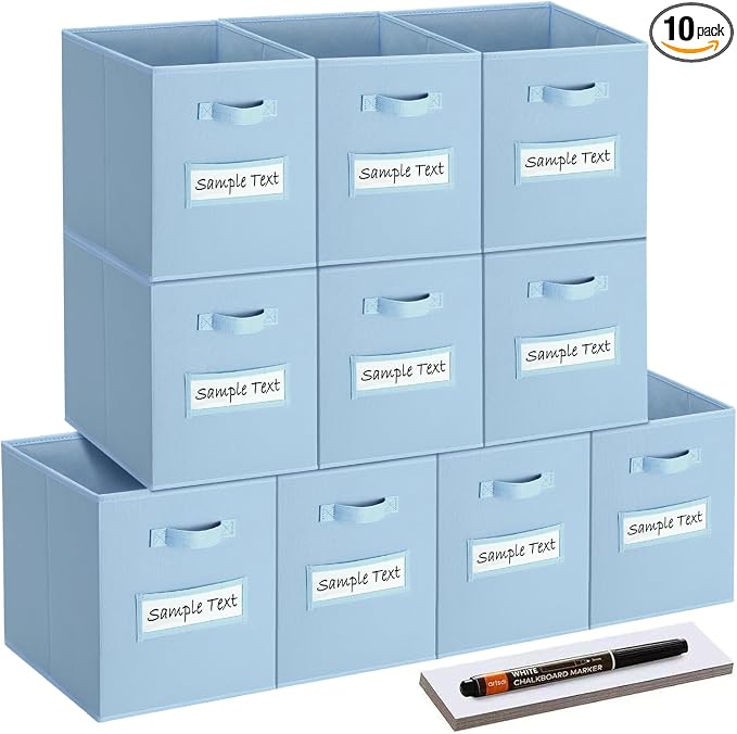 11x11 storage cube bins (Set of 10) Foldable Fabric storage cubes with 10 Labels Window Cards & a Pen,11 inch cube storage bin,Closet Organizers for Shelves,Cubby Organizer Boxes,Pastel Blue