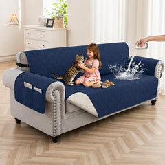 100% Waterproof Quilted Couch Cover,Straps&Pockets,78" Navyblue | Washable sofa cover, pet-friendly, scratch-resistant furniture protector, quilted sofa cover, reversible, non-slip backing.