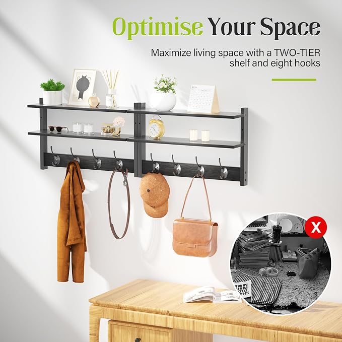 2 Tier Coat Rack Wall Mount with Shelf, 33" Wall Shelf with Hooks, Entryway Key Holder for Wall with 8 Heavy Duty Double Hooks, Coat Hook Wall Mounted for Bedroom, Living Room, Black