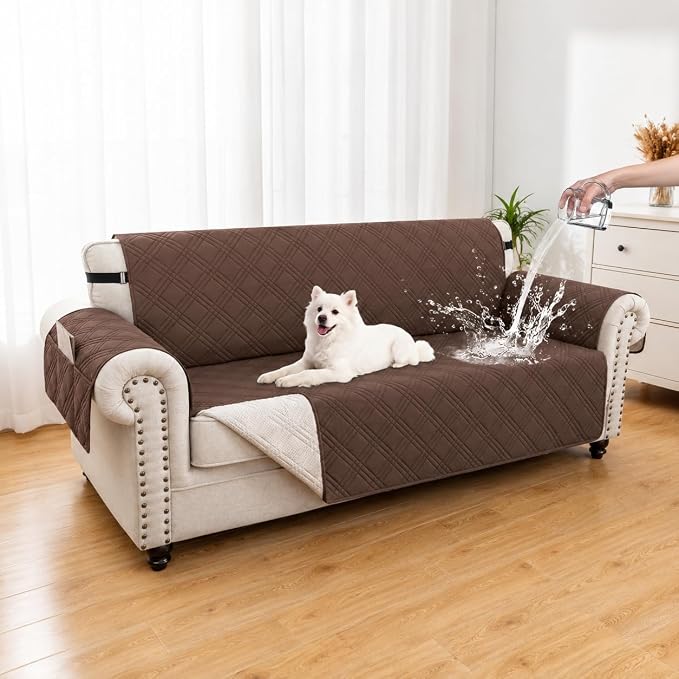 100% Waterproof Couch Cover for Dogs, Washable Anti-Slip Sofa Cover with Elastic Straps & Side Pockets, Quilted Furniture Protector for Kids & Pets (3 Cushion 68", Darkbrown)