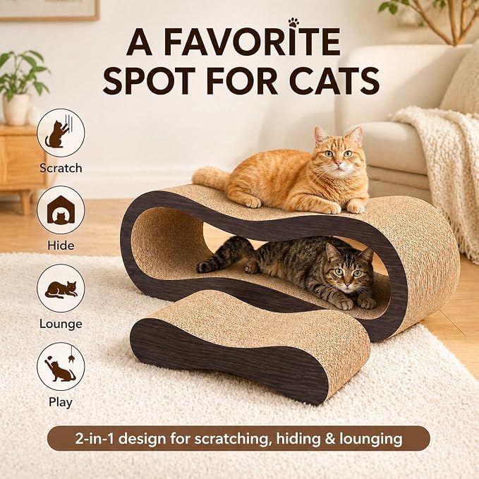 2 in 1 Cat Scratcher Cardboard Lounge Bed, Cat Scratching Post, Durable Board Pads Prevents Furniture Damage,Large,Brown