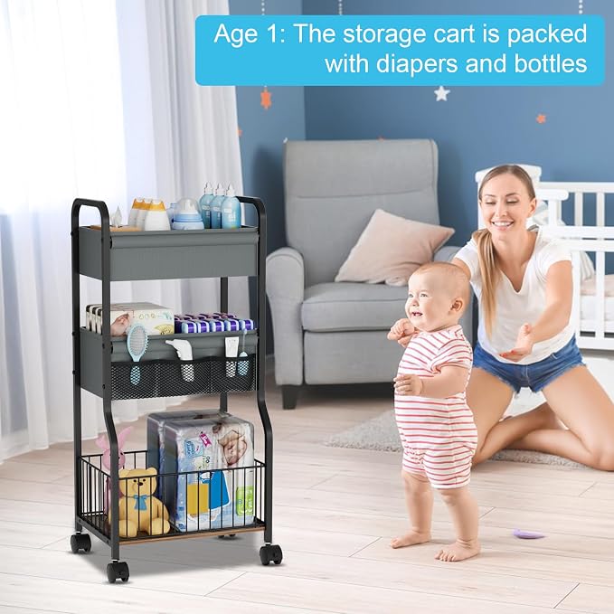 3-tier Baby Diaper Caddy Organizer and Storage Cart with 4+3 Dividers, Metal Utility Cart with Lockable Wheels for Nursery, Bedroom, Bathroom, Black
