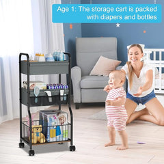 3-tier Baby Diaper Caddy Organizer and Storage Cart with 4+3 Dividers, Metal Utility Cart with Lockable Wheels for Nursery, Bedroom, Bathroom, Black