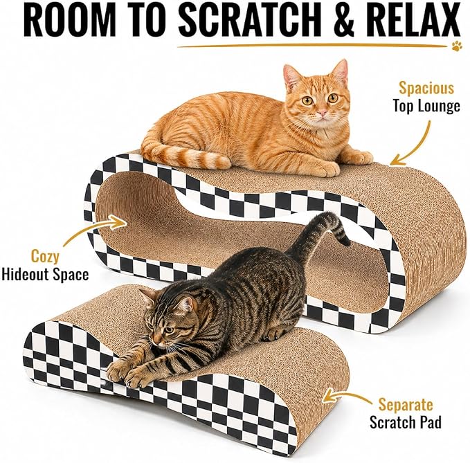2 in 1 Large Cardboard Cat Scratcher Lounger, Cat Scratching Board for Indoor Cats, 100% Recyclable & Reversible Horizontal Scratching Pads Prevents Furniture Damage, Checkerboard