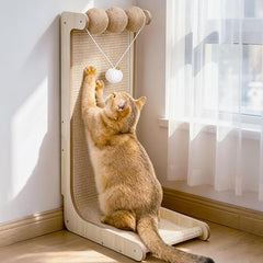 26.8 "Large Sisal Cat Scratcher with Sisal Ball and Bell Plush Toy | Wooden Cat Scratcher Pad, L-Shaped Scratching Post for Indoor Cats Adults, Vertical Cat Scratcher Board to Protect Furniture