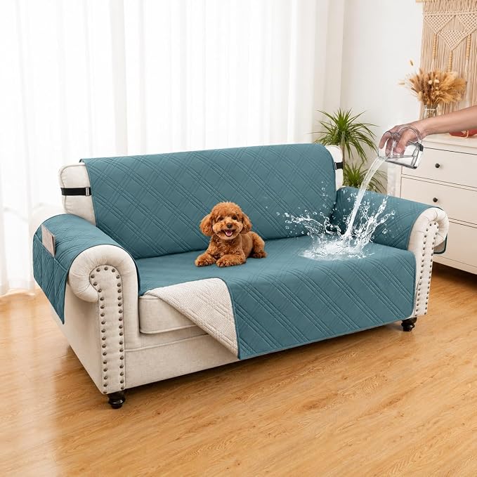 100% Waterproof Couch Cover for Dogs, Anti-Slip Washable Sofa Cover with Elastic Straps & Side Pockets, Durable Furniture Protector for Kids & Pets (Loveseat 46", Grayishblue)