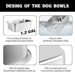 1.2 Gallon Elevated Large Dog Water Bowl, 4 Adjustable Height 7.8'',9.2'',10.6'',12''Raised Stainless Steel Bowl Stand for Small/Medium/Large Breed, Metal Dog Feeding Station for Relief Joint Pressure