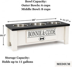 3 Bowl Dog Feeding Station, Personalized Triple Bowl Food Stand Medium Dogs | Farmhouse Style, Elevated Wood Stand, Storage Container, Stainless Steel Bowls, Raised Anti-Slip Feeder, Made in USA