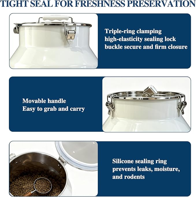 25 Lbs Stainless Steel Dog Food Storage Container with Scoop, Large Metal Dog Food Bin with Airtight Lid & Locking Clamp, Pet Treat Jars for Dogs & Cats, Keep Fresh, White