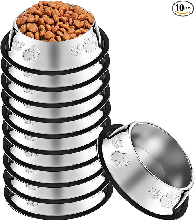 10 Pcs Stainless Steel Dog Bowl Pet Feeding Bowl with Rubber Base Non-Slip Pet Dishes Metal Dog Bowls Pet Food and Water Bowls for Small Medium Animals Kitten Rabbit (7 oz)