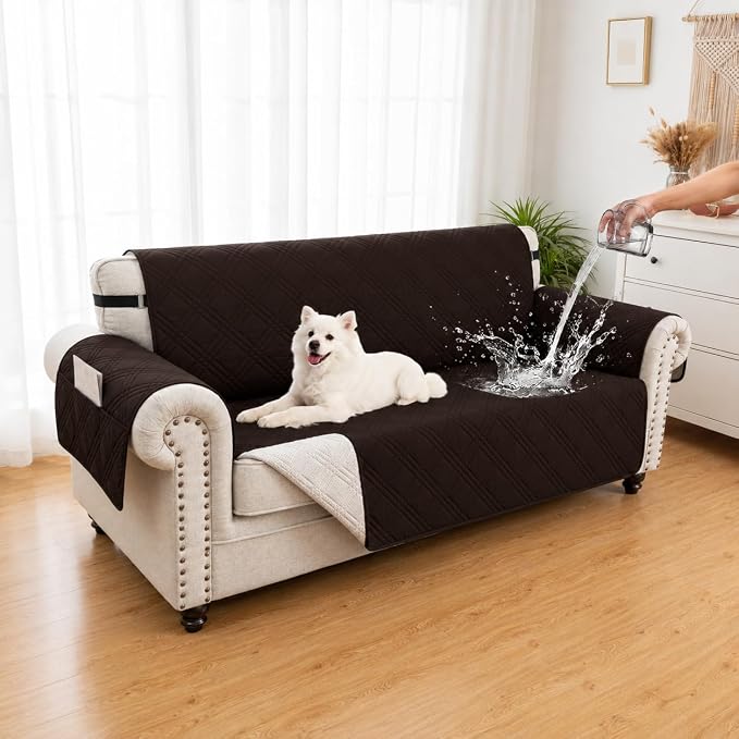 100% Waterproof Couch Cover for Dogs, Washable Anti-Slip Sofa Cover with Elastic Straps & Side Pockets, Quilted Furniture Protector for Kids & Pets (3 Cushion 68", Chocolate)