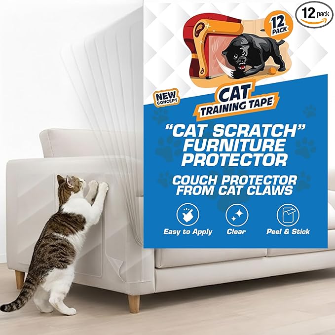 12 Pack Cat Scratch Furniture Protector Tape Sheets – Double-Sided Sticky Training (5 XL, 5 Large, 2 Medium) – Anti-Scratch Couch & Sofa Guard – Clear – Not for Leather, Velvet, Microfiber