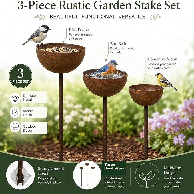 3 Pack Rustic Metal Bird Bath Stake Set for Outdoors, Garden Bird Bath Bowls with Ground Stakes, Bird Feeder Rain Catcher Wildlife Water Station for Birds, Bees & Butterflies