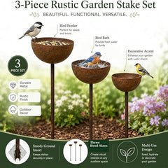 3 Pack Rustic Metal Bird Bath Stake Set for Outdoors, Garden Bird Bath Bowls with Ground Stakes, Bird Feeder Rain Catcher Wildlife Water Station for Birds, Bees & Butterflies