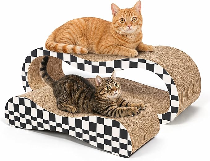 2 in 1 Large Cardboard Cat Scratcher Lounger, Cat Scratching Board for Indoor Cats, 100% Recyclable & Reversible Horizontal Scratching Pads Prevents Furniture Damage, Checkerboard