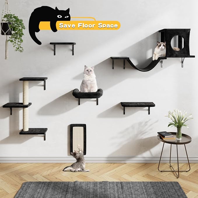 12-in-1 Cat Wall Shelves, Luxury Wall-Mounted Cat Climber Set | with Condos House, Scratching Post, Bridge Ladder, Indoor Space-Saving Furniture for Kittens, Black