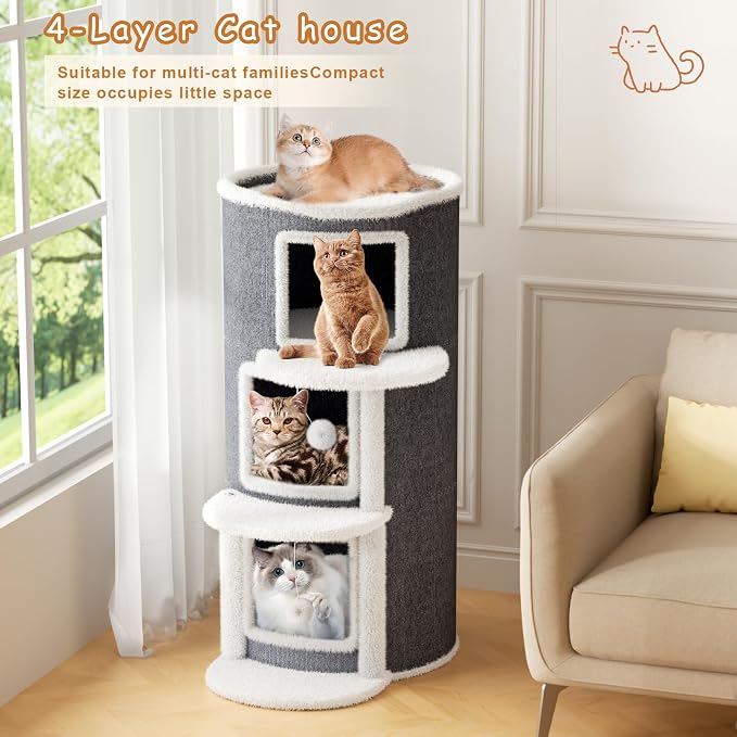 3-Storey Cat Beds for Indoor Cats House, Covered Beds & Furniture with Scratch Pad, Cat Hideaway Cave, Condo with Dangling Fluffy Balls for Multiple Kitten, Grey 15.75X15.75X35.43INCH