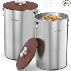 2 Pack 35 lb Stainless Steel Dog Food Storage Container Set with Wooden Lid | Metal Dog Food Storage Container for Dogs & Cats, Airtight Dog Food Container to Keep Food Fresh, Easy to Clean Dog Dood Bin