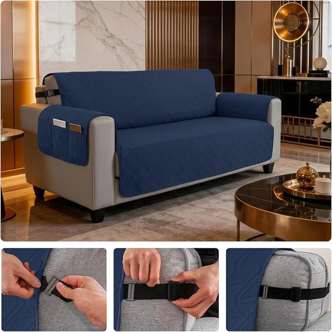 100% Waterproof Quilted Couch Cover,Straps&Pockets,68" Navyblue | Washable sofa cover, pet-friendly, scratch-resistant furniture protector, quilted sofa cover, reversible, non-slip backing.