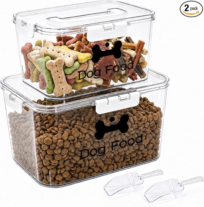 2-Piece Dog Food Container with Handle, Combined 15 Lbs Airtight Pet Food Treat Bin for Dogs Cats, Large Capacity Kibble Container for Kitchen Counter,Stackable and Keep Food Fresh