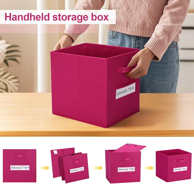 11x11 storage cube bins (Set of 10) Foldable Fabric storage cubes with 10 Labels Window Cards & a Pen,11 inch cube storage bin,Closet Organizers for Shelves,Cubby Organizer Boxes,Dark pink