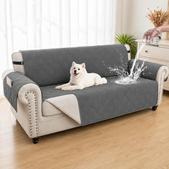 100% Waterproof Couch Cover for Dogs, Washable Anti-Slip Sofa Cover with Elastic Straps & Side Pockets, Quilted Furniture Protector for Kids & Pets (3 Cushion 68", Dark Grey)
