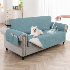 100% Waterproof Quilted Couch Cover,Straps&Pockets,46" Grayishblue | Washable sofa cover, pet-friendly, scratch-resistant furniture protector, quilted sofa cover, reversible, non-slip backing.