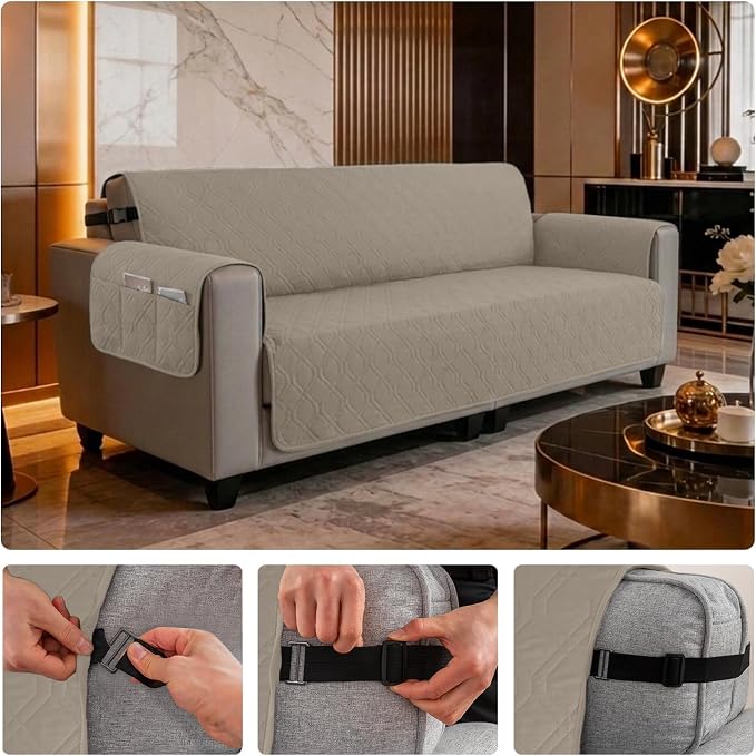 100% Waterproof Couch Cover,Straps&Pockets,pet Friendly,78" Camel | Washable sofa cover, pet-friendly, scratch-resistant furniture protector, quilted sofa cover, reversible, non-slip backing.