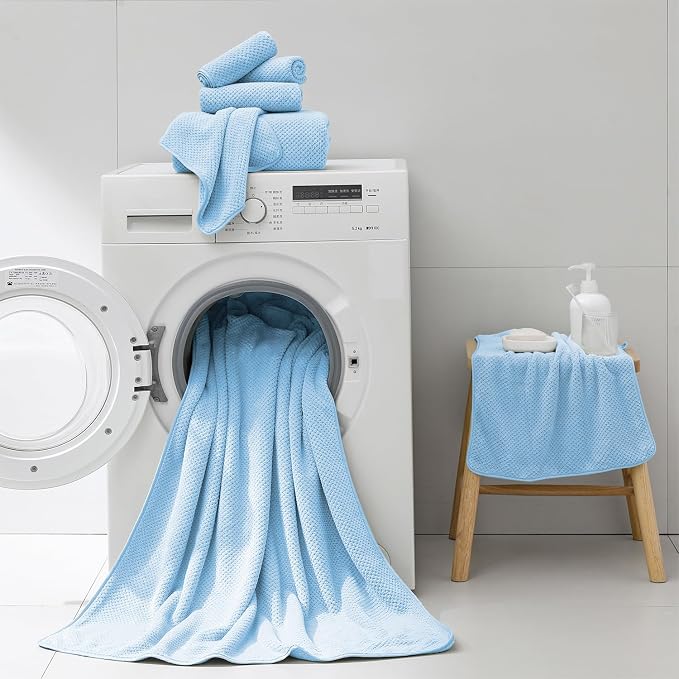 18 Piece Microfiber Bath Towels Set - 6 Bath Sheets,6 Hand Towels And 6 Washcloths,Soft Family Towels,Highly Absorbent Bathroom Towel,Quick Dry Shower Towel Luxury Towels For Hotel Spa Dorm-Blue