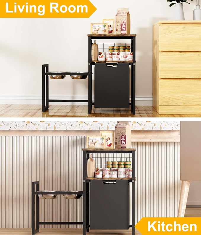30.6Long x 26.2 High Elevated Dog Bowl Stand with Pet Food Storage Organizer, Adjustable Raised Feeding Station with Toy Basket for Large Medium Small Dogs and Cats, Black